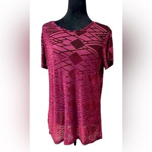 Hannah Sheer Burgundy short sleeve velvety print Top - Size Medium